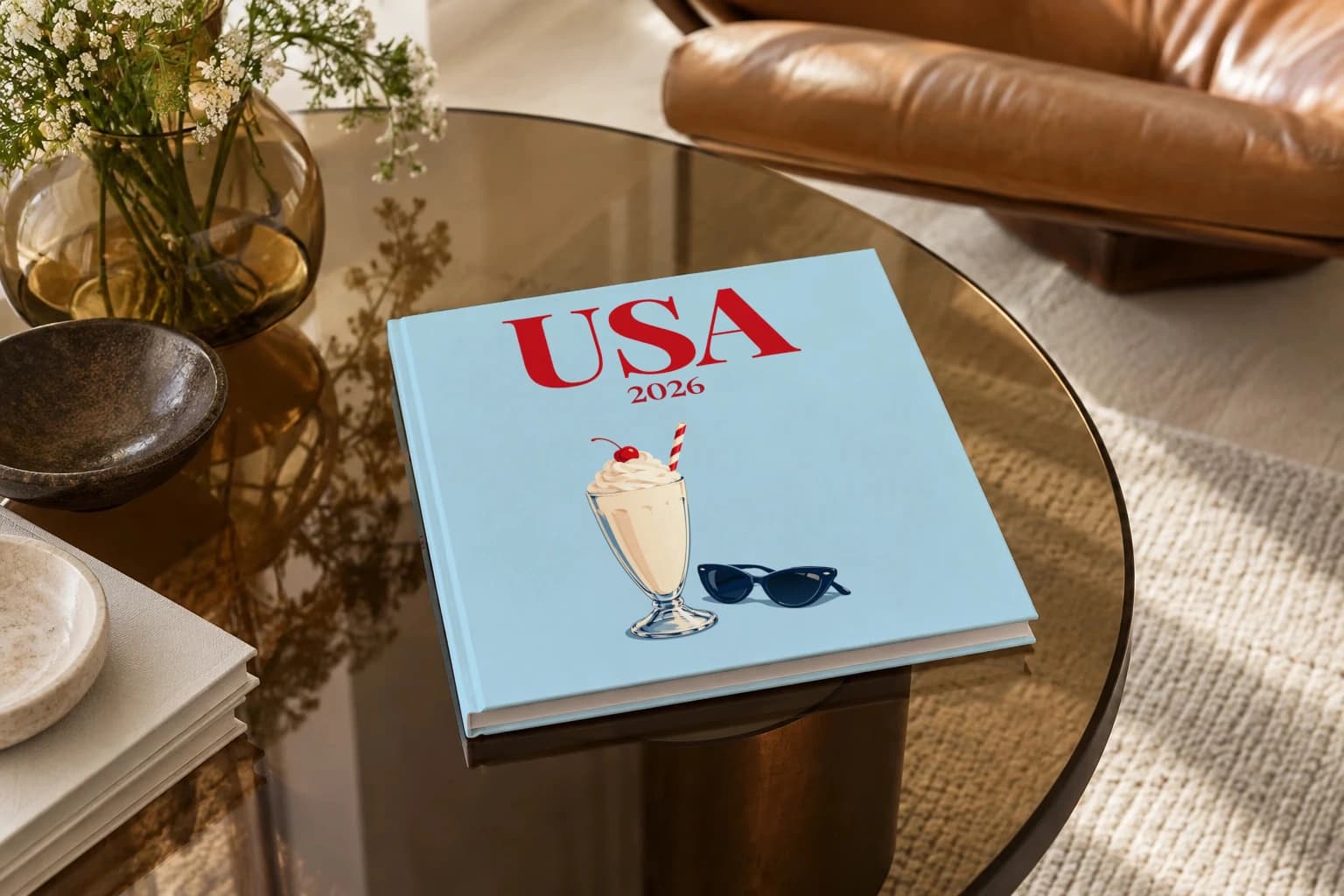 United States square hardcover photo book with the USA illustrated cover of the milkshake and sunglasses, on a smoked glass coffee table beside a leather armchair in warm afternoon light