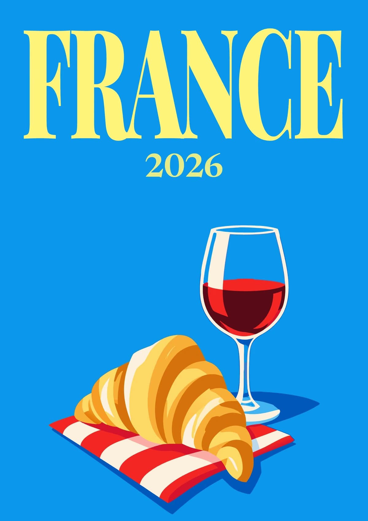 France illustrated travel photo book cover with a croissant and a glass of red wine on bright blue