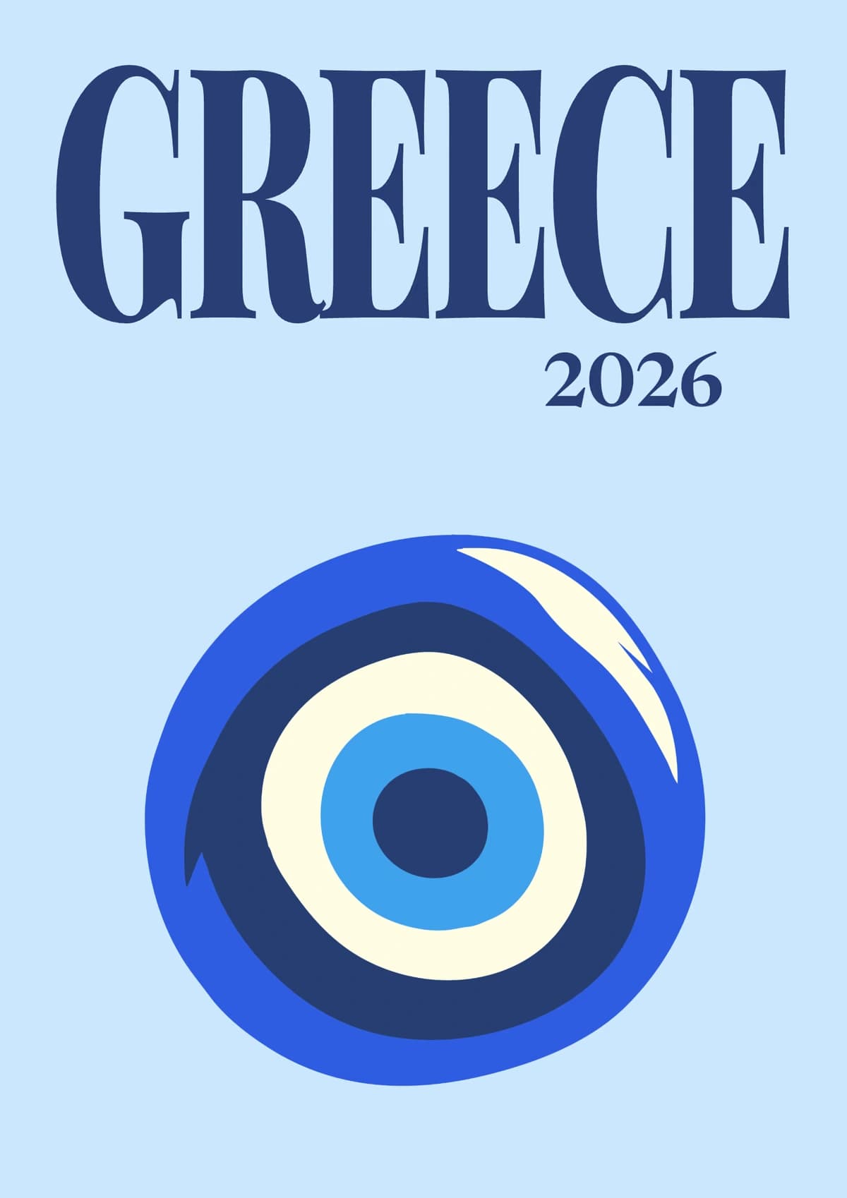 Greece illustrated travel photo book cover with an evil eye on pale blue