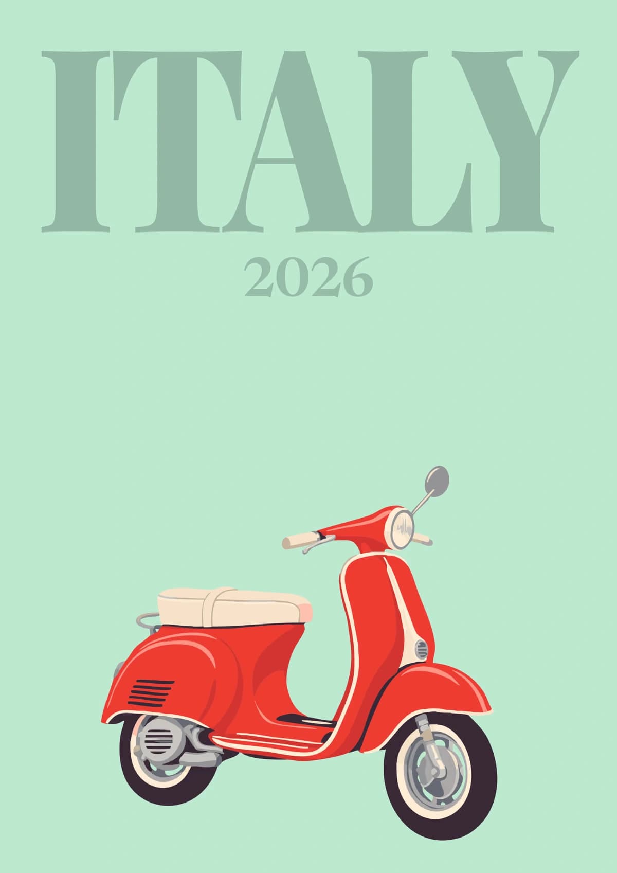 Italy illustrated travel photo book cover with a red Vespa scooter on mint green