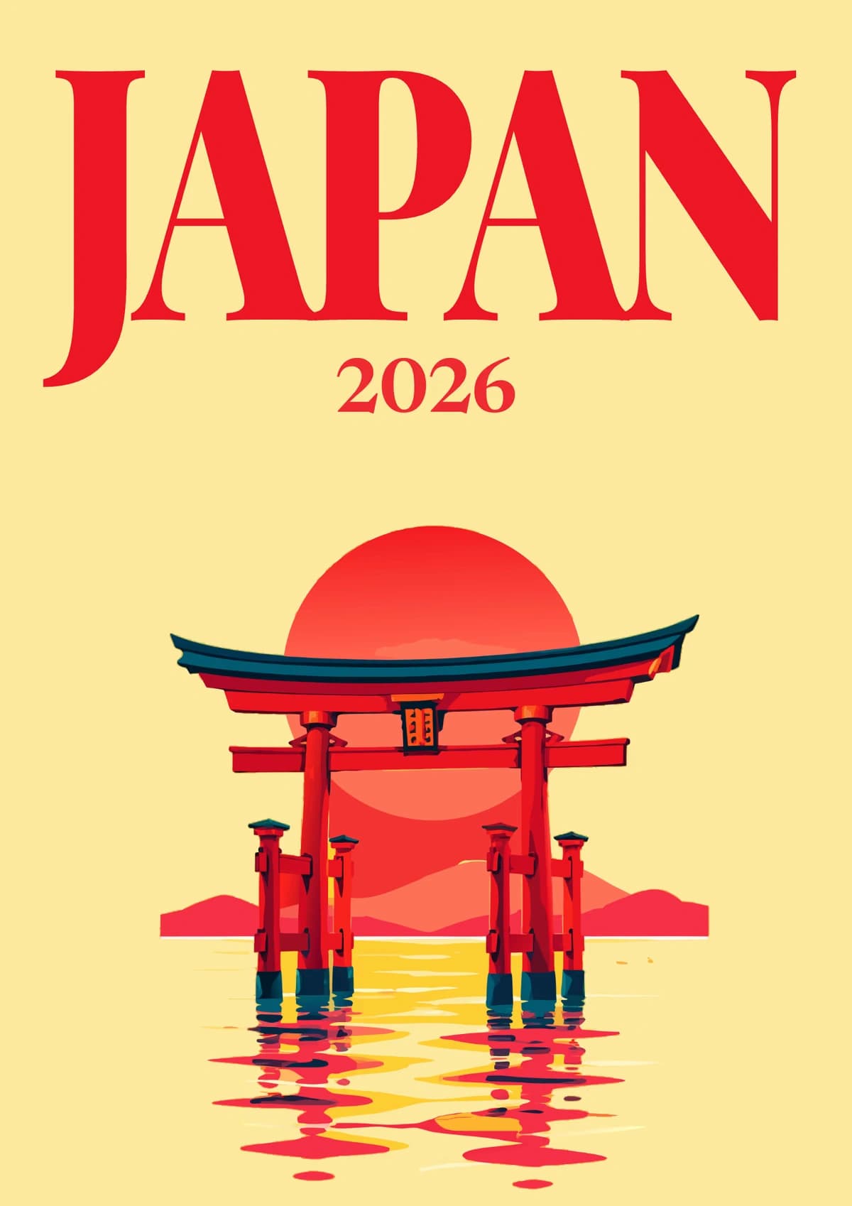Japan illustrated travel photo book cover with a torii gate in the water at sunset on pale yellow