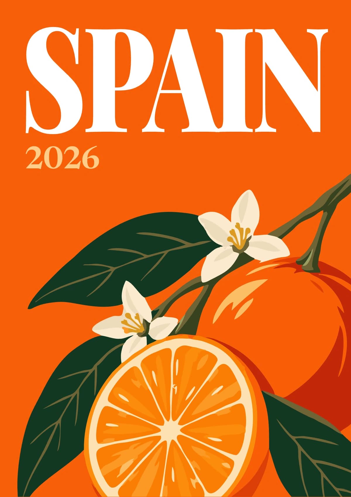 Spain illustrated travel photo book cover with a halved orange and orange blossom on orange