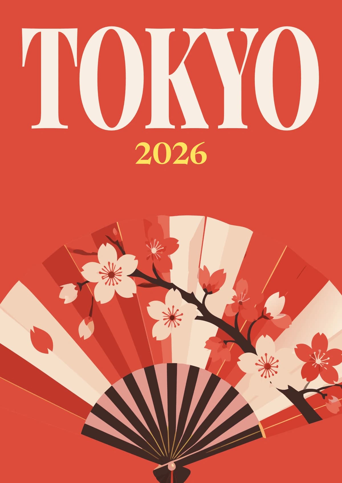 Tokyo illustrated travel photo book cover with a folding fan with cherry blossom on red