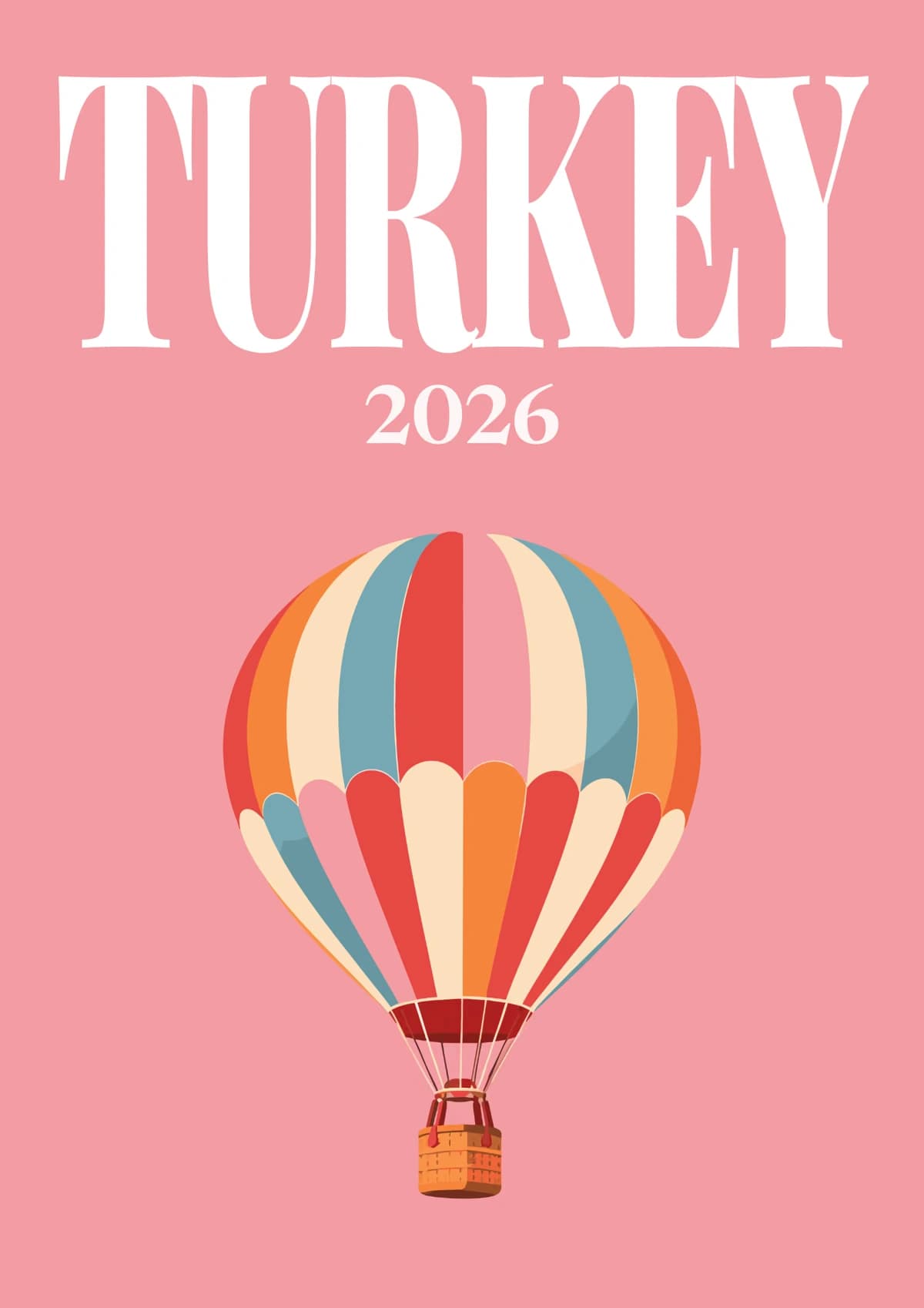 Turkey illustrated travel photo book cover with a striped Cappadocia hot air balloon on pink