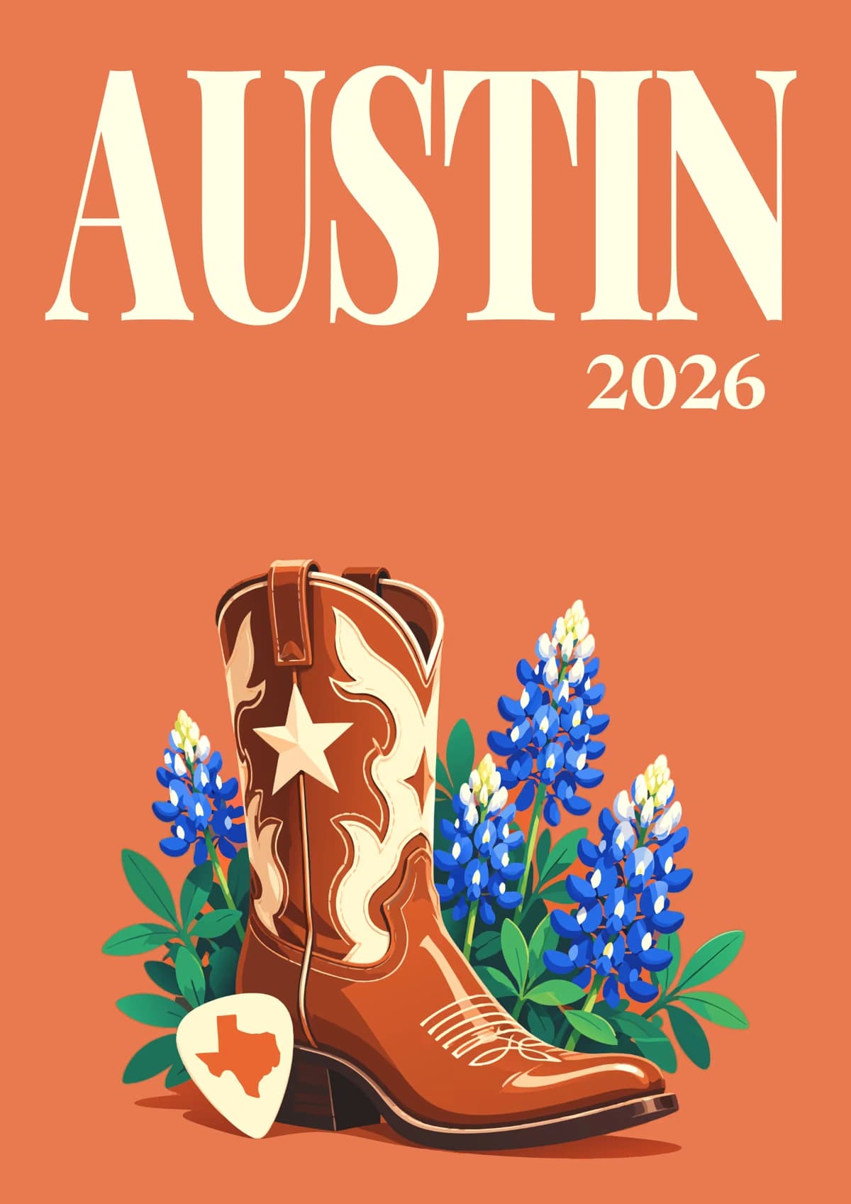 Austin illustrated travel photo book cover with the boot and bluebonnets artwork