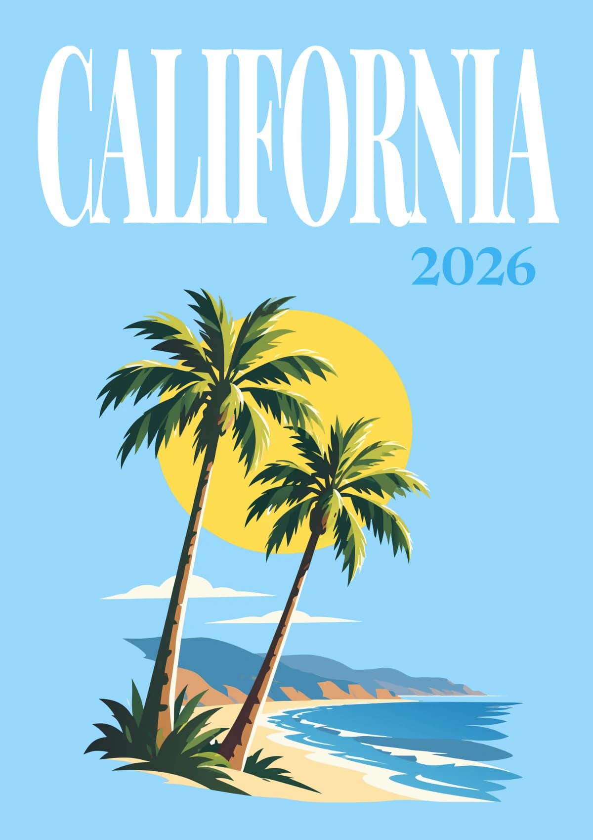 California illustrated travel photo book cover with the beach palms artwork