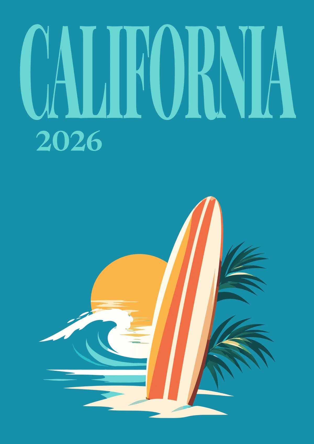 California illustrated travel photo book cover with the surfboard and wave artwork