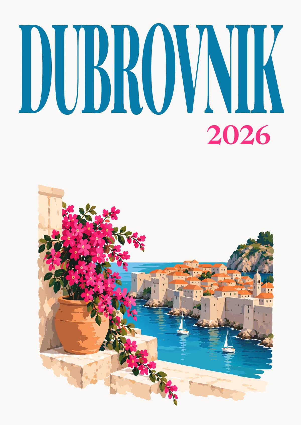 Dubrovnik illustrated travel photo book cover with the Dubrovnik and bougainvillea artwork