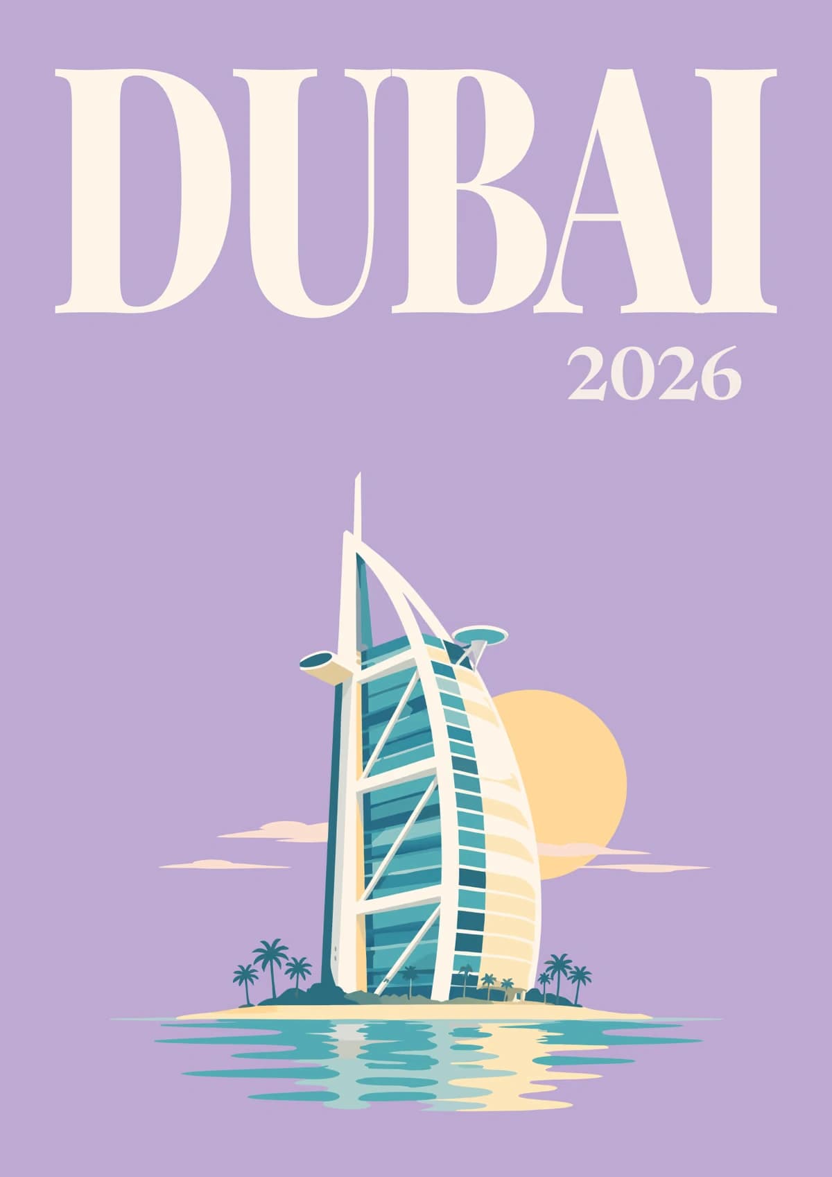 Dubai illustrated travel photo book cover with the Burj Al Arab artwork in lavender