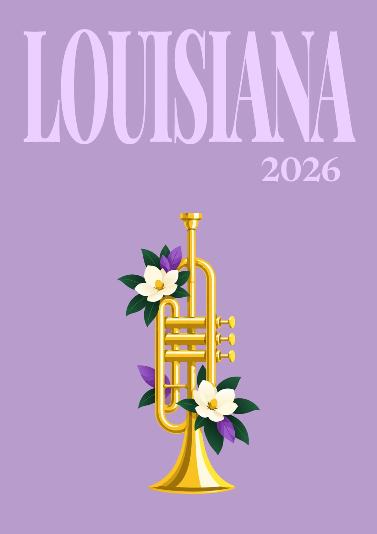 Louisiana illustrated travel photo book cover with the jazz trumpet artwork