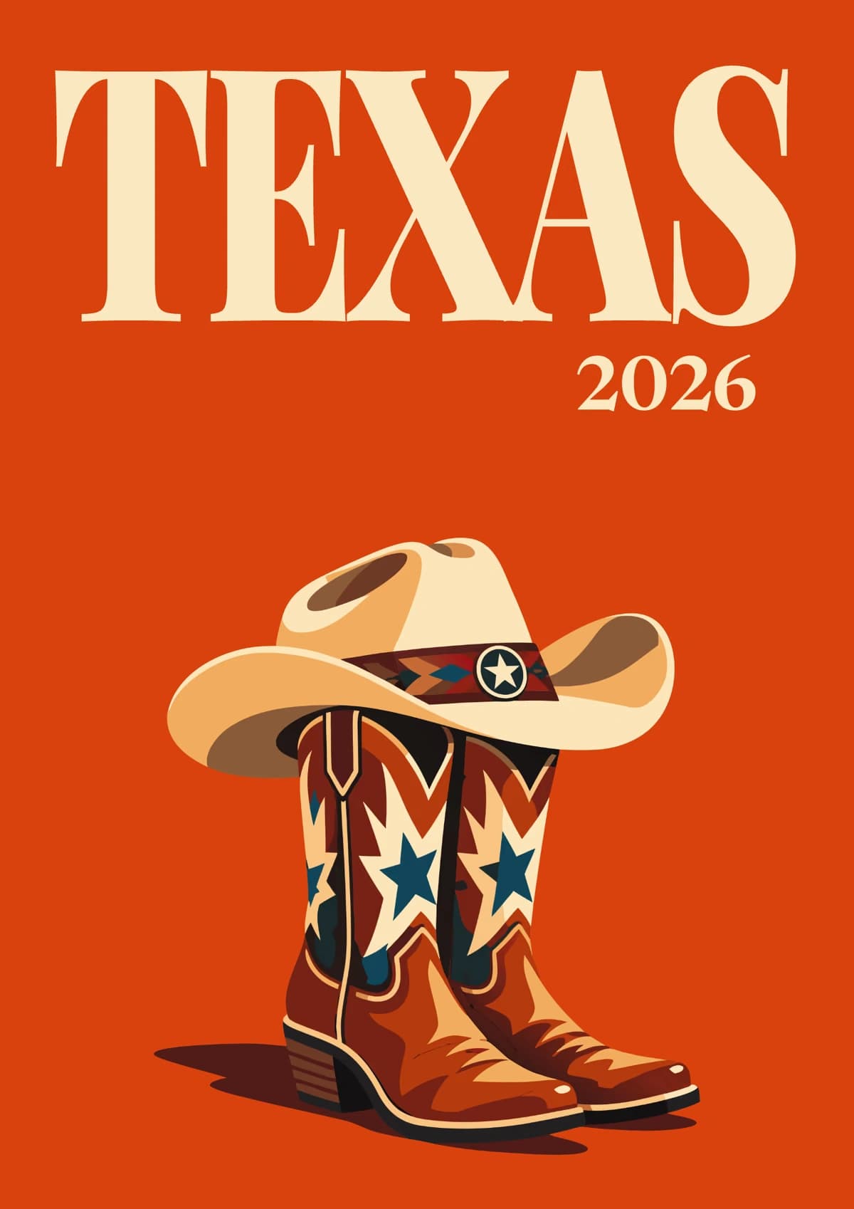 Texas illustrated travel photo book cover with the boots and hat artwork in orange