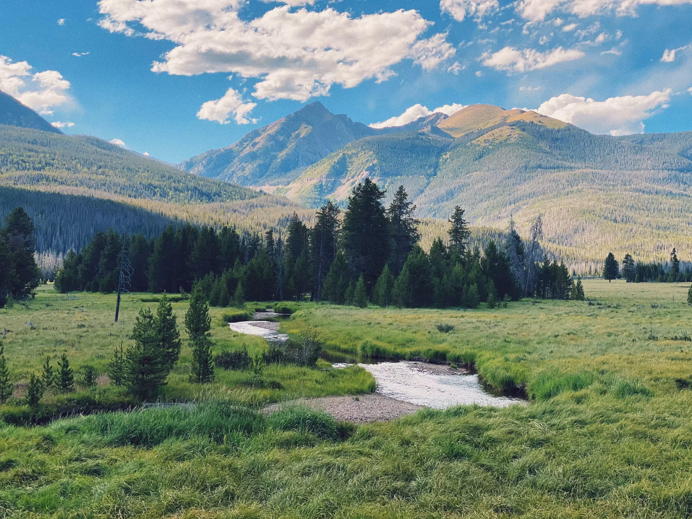 A mountain valley and winding river beneath a summer sky
