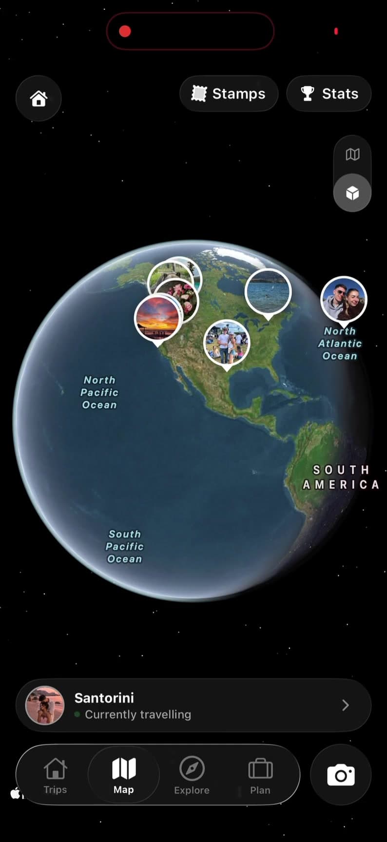TripMemo iPhone showing a map of selected road trip places, photos and memories