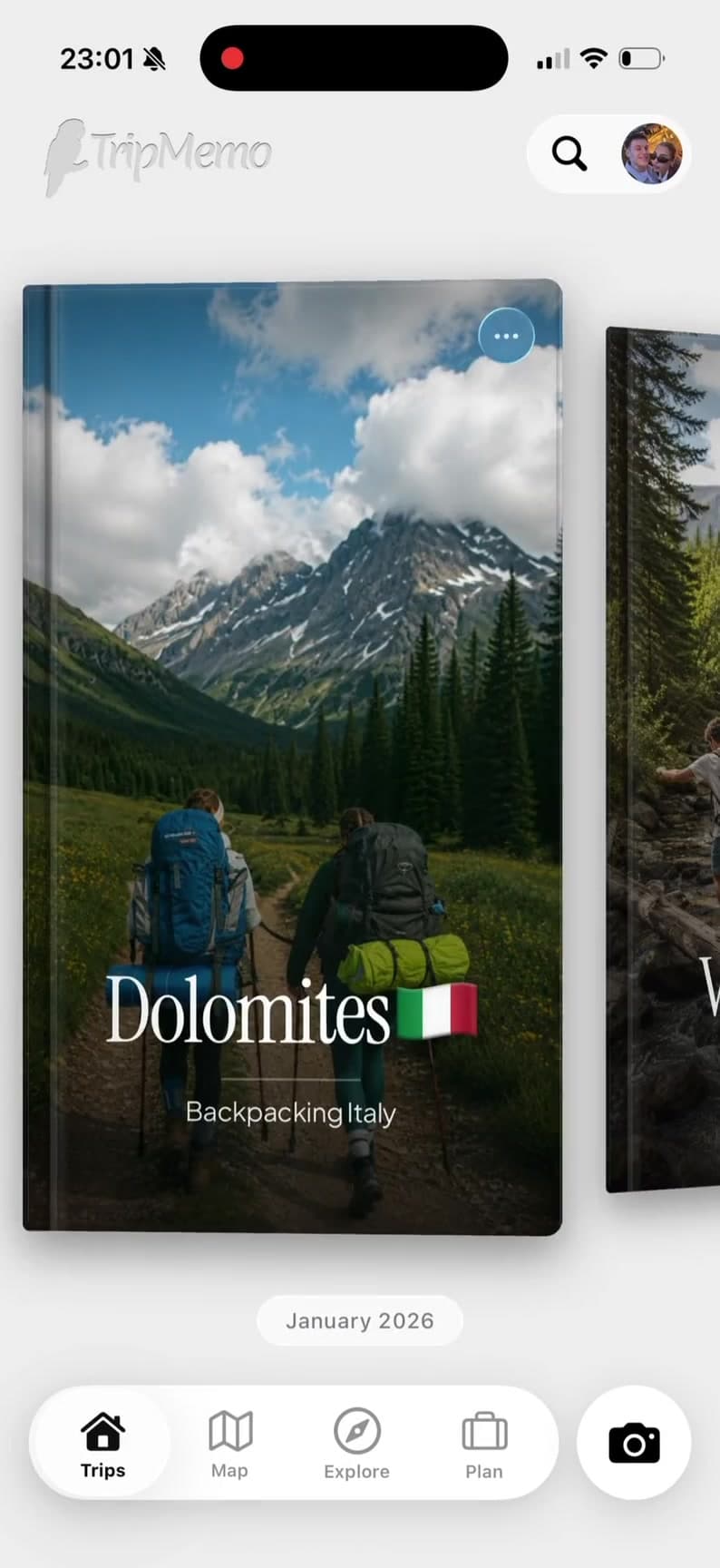 TripMemo Interrail travel diary showing a day-by-day European rail TripBook with photos and memories