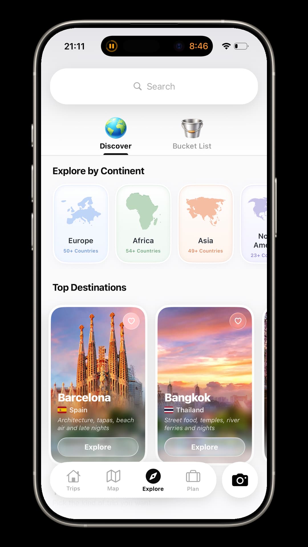 TripMemo destination explorer showing continents, Barcelona and Bangkok on iPhone