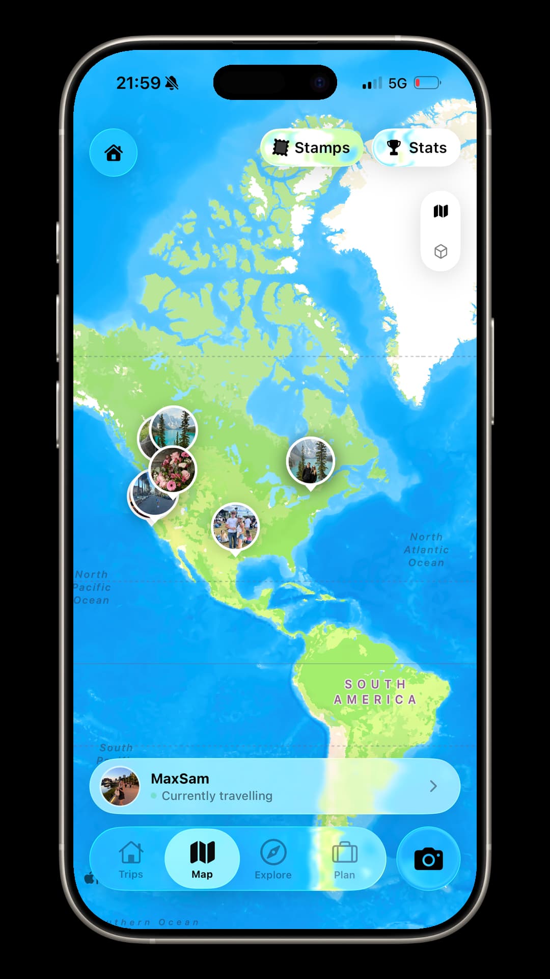TripMemo backpacking route map with travel photos pinned to visited places