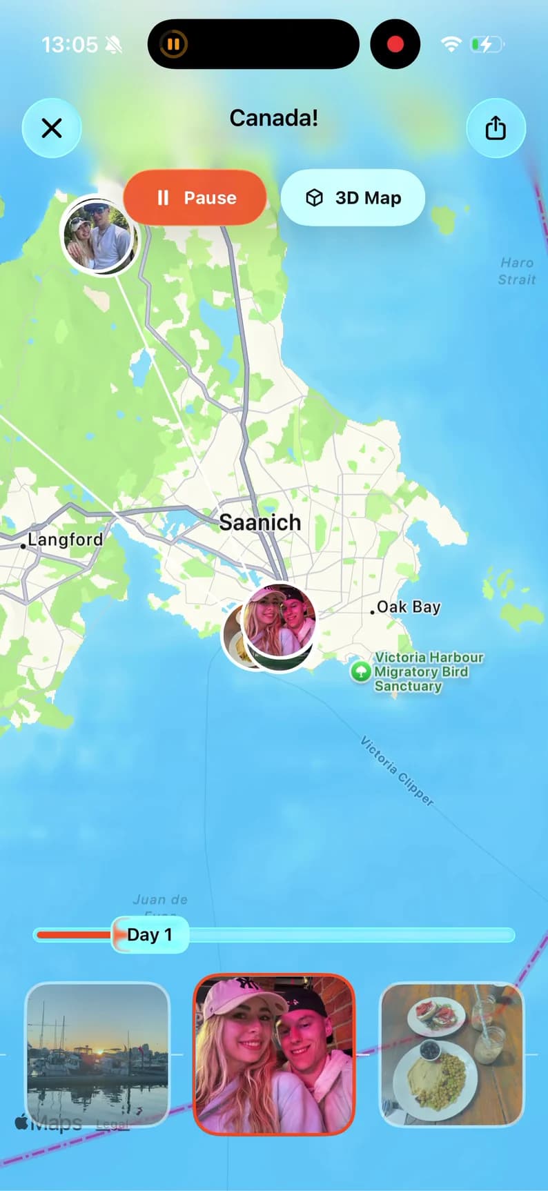 TripMemo road trip map showing a route with photo memories pinned to stops