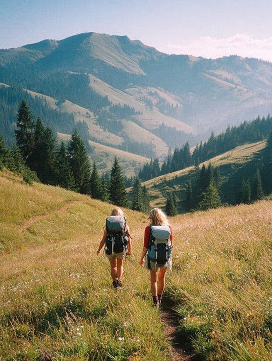 Friends backpacking through mountain scenery