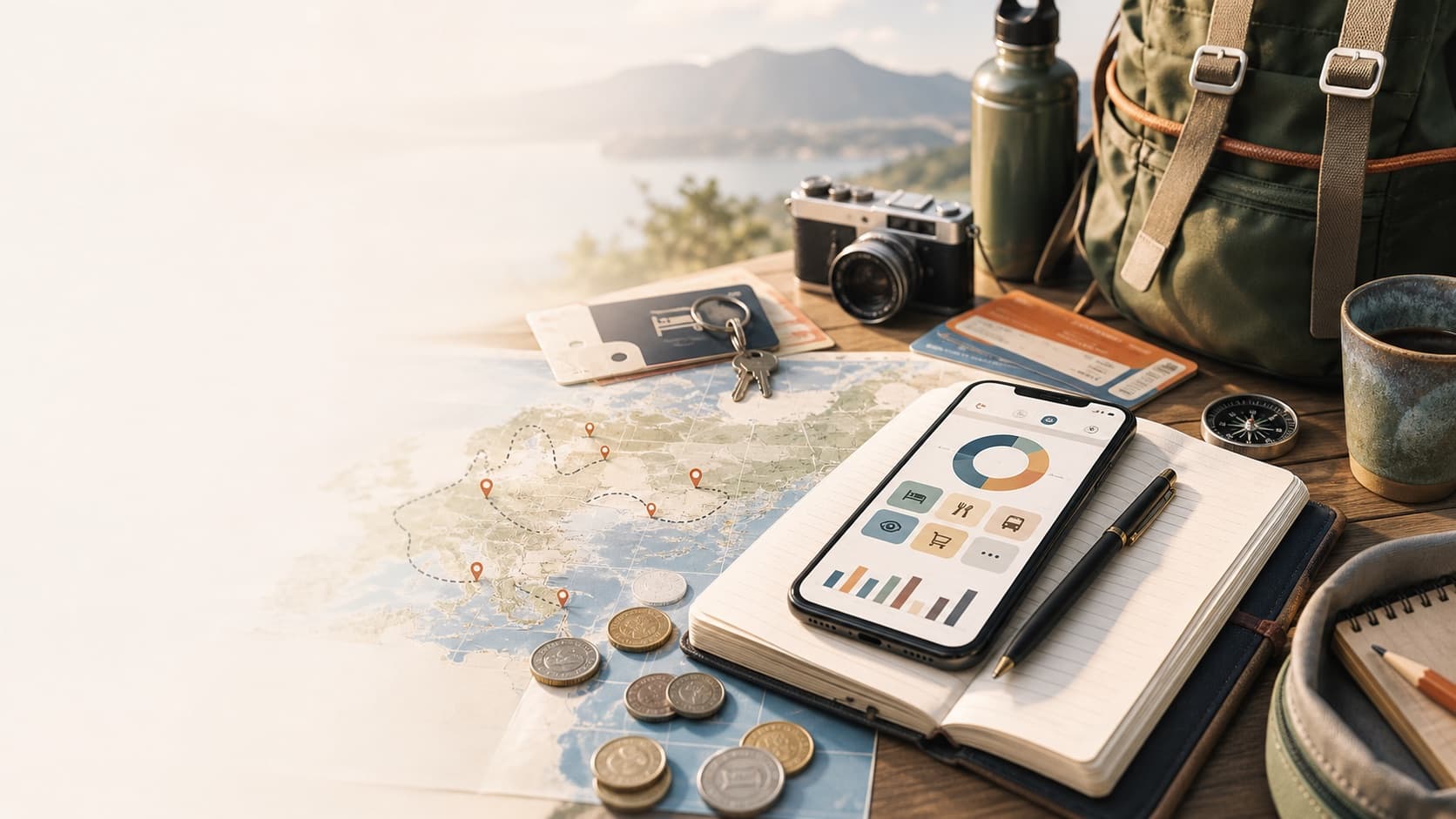 Backpacking Budget Calculator daily travel cost tool with backpack, route map, coins, phone dashboard, camera, and hostel gear