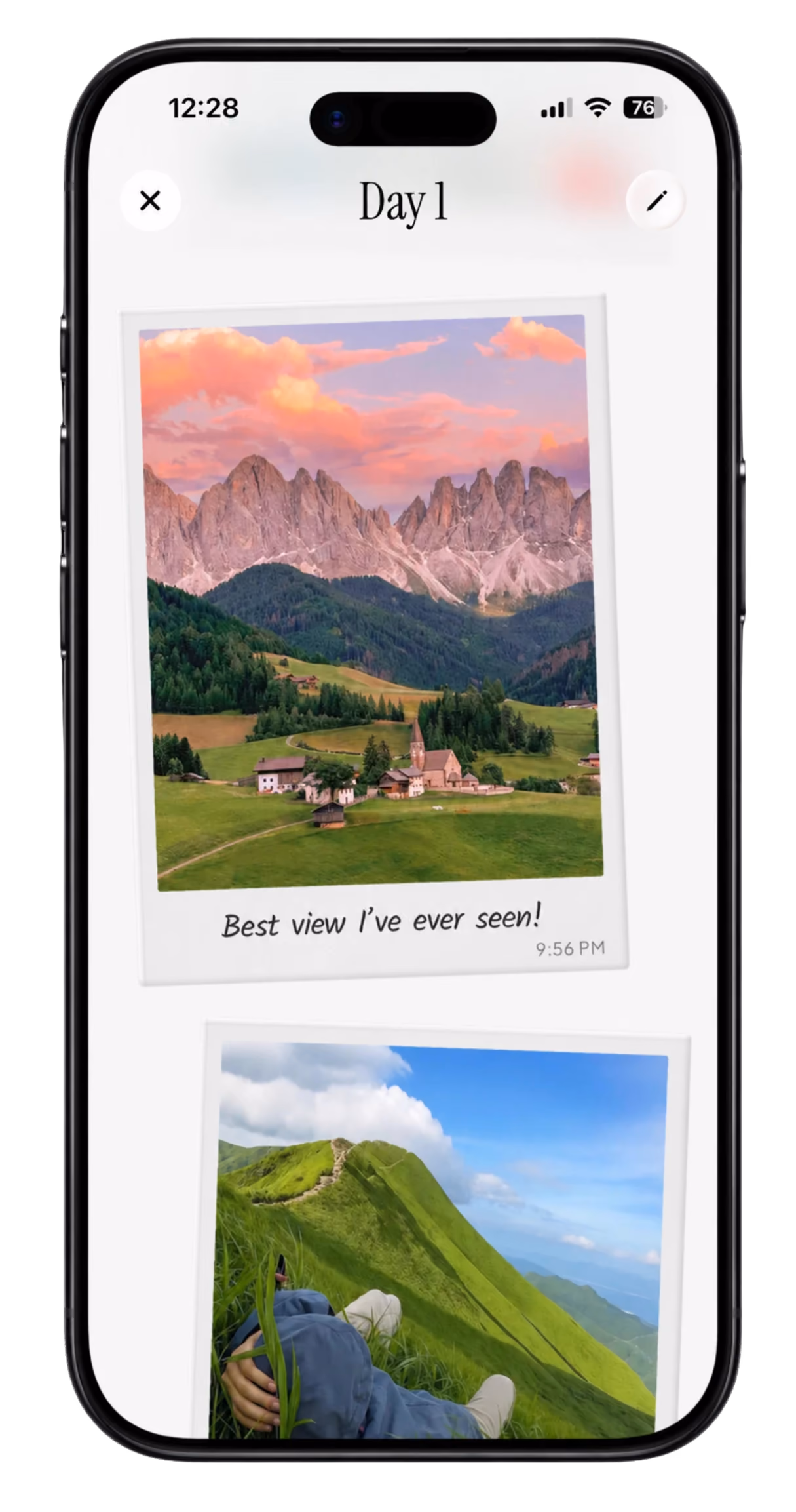 TripMemo day page showing mountain photographs with a short caption and a time