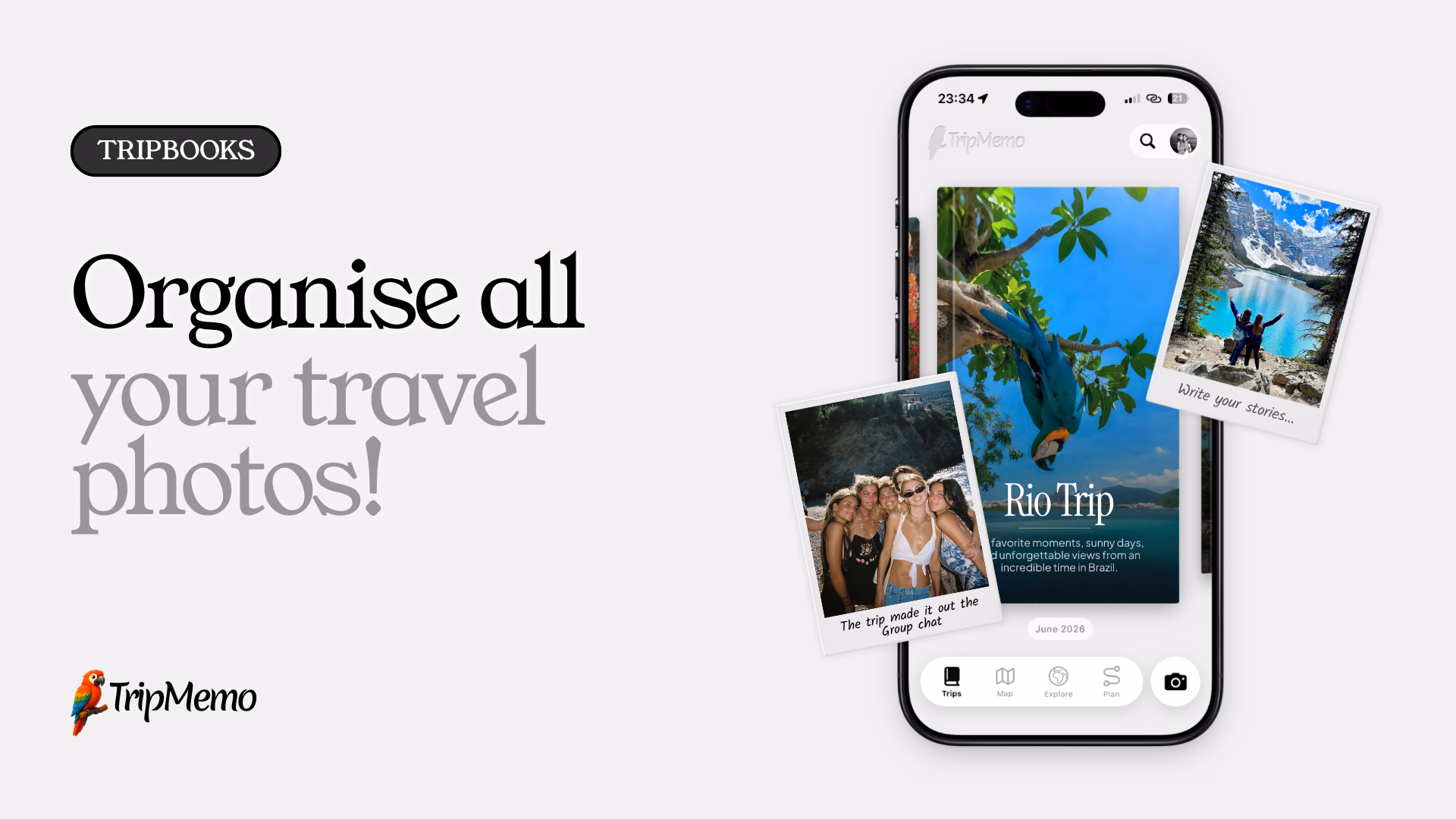TripMemo TripBooks on iPhone with a Rio trip cover and captioned travel photos of friends and a mountain lake