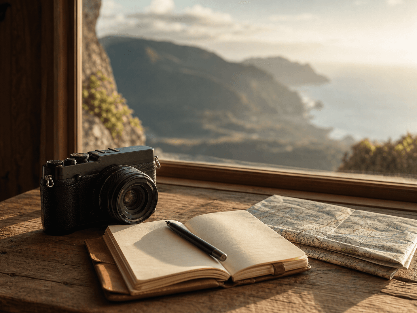 Camera, notebook and travel map on a table beside a landscape