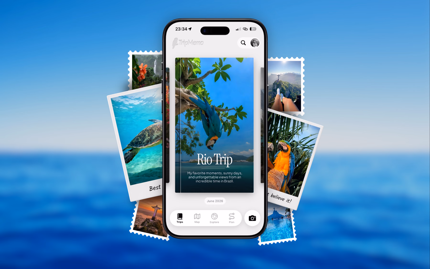 TripMemo digital scrapbook app on an iPhone showing a Rio Trip TripBook cover surrounded by Polaroid-style photos and stamp-edged prints