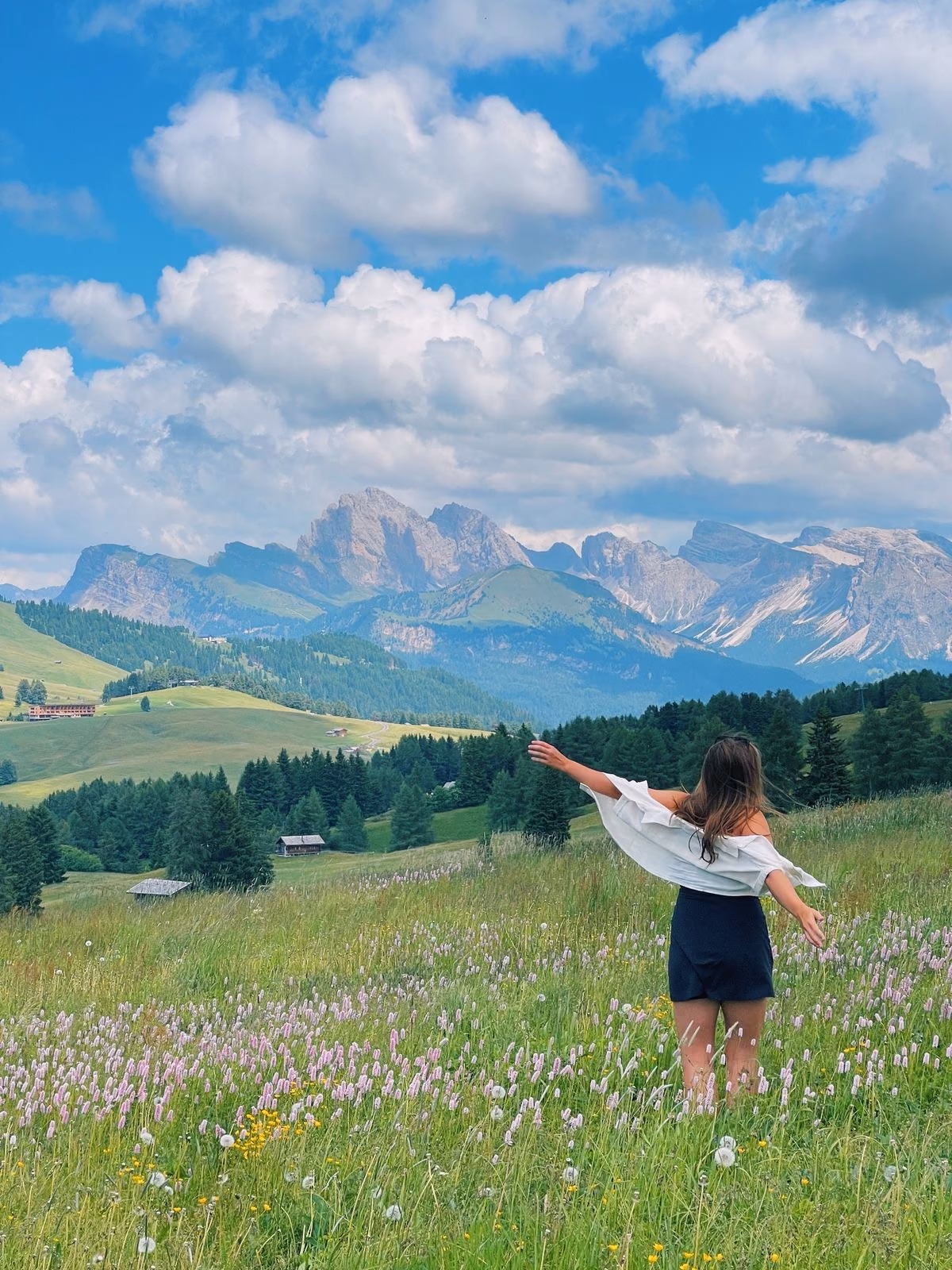 Traveller in a wildflower meadow overlooking green hills and rugged mountain peaks