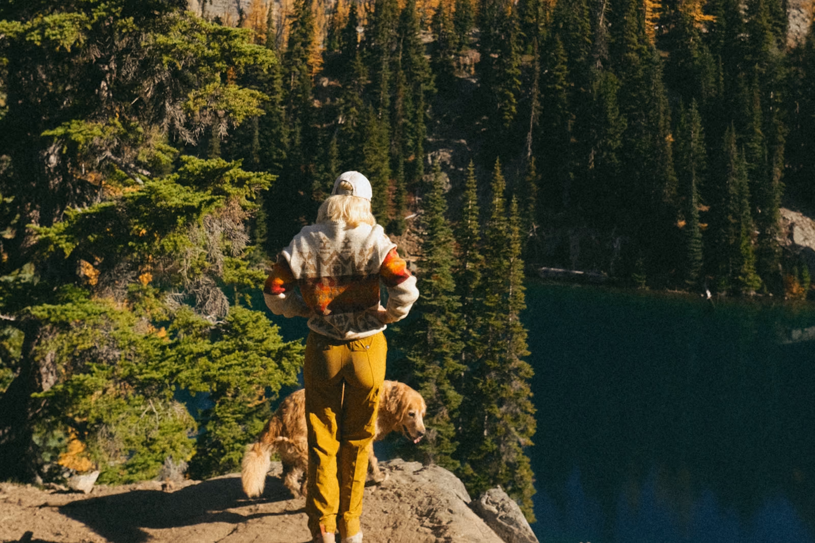 Hiker and dog overlooking a forested mountain valley