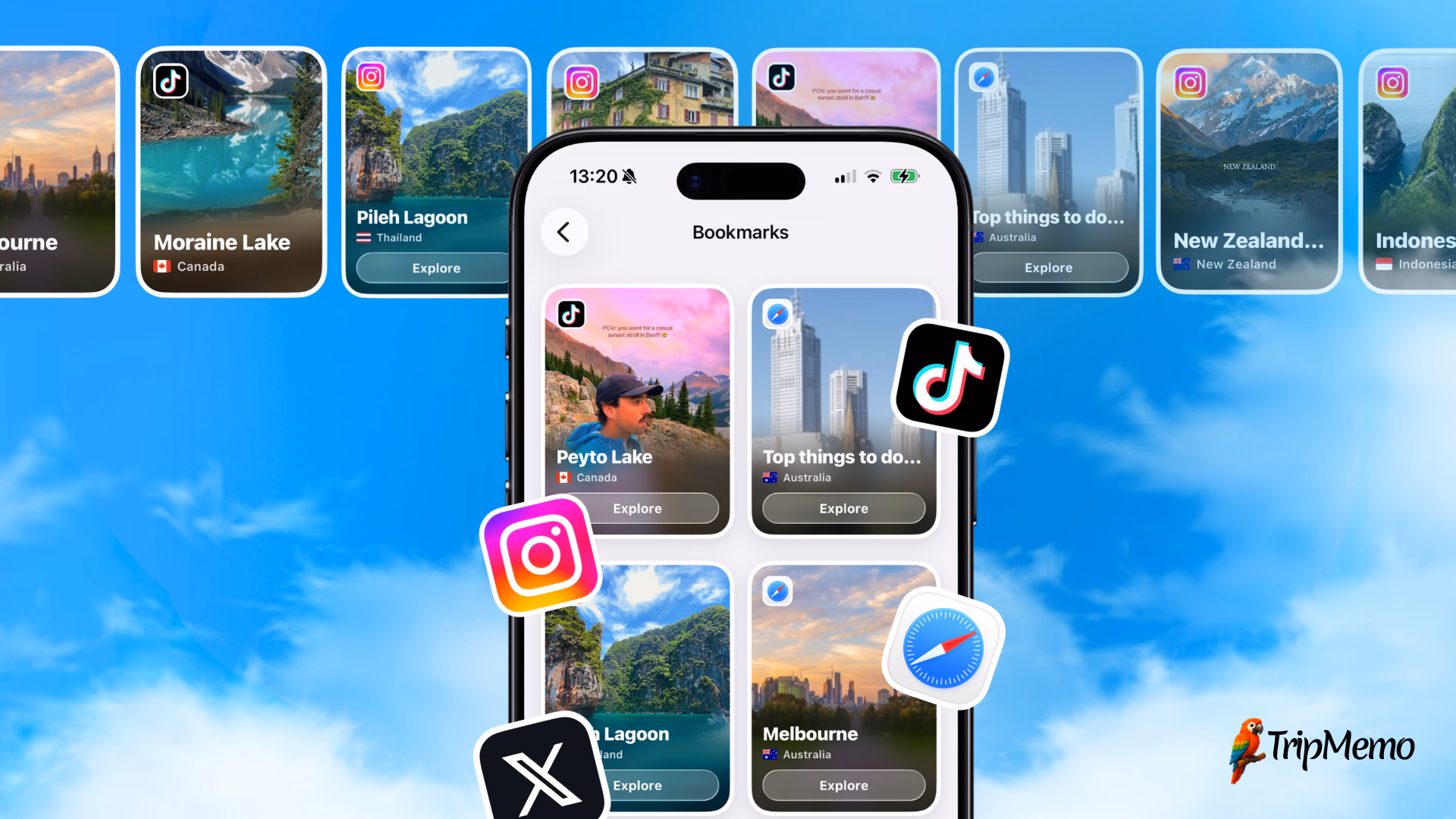 TripMemo Bookmarks on iPhone showing travel ideas saved from TikTok, Instagram, Safari and X