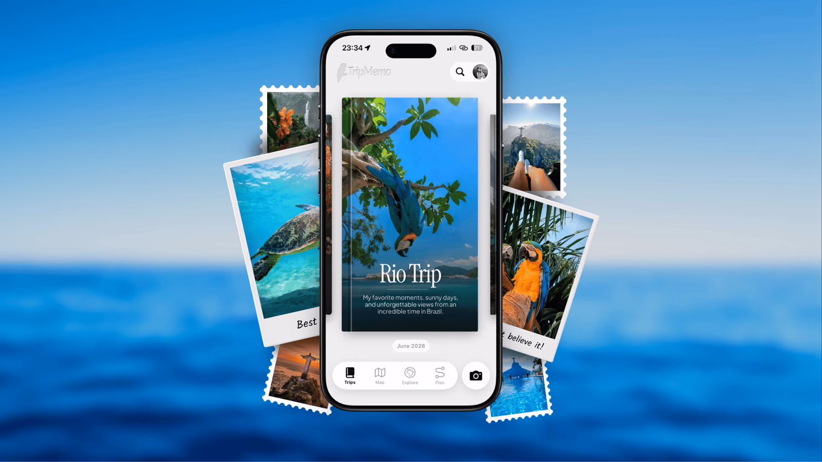 TripMemo shared TripBook displaying a collaborative Rio travel journal with photos on an iPhone
