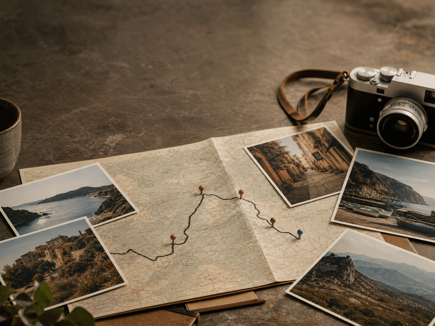 Travel photo prints and coloured pins arranged over a folded map