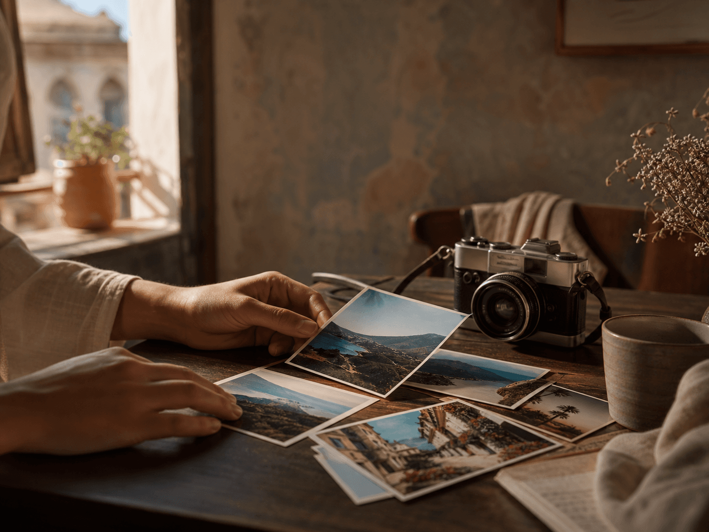 Travel photographs being arranged beside a camera