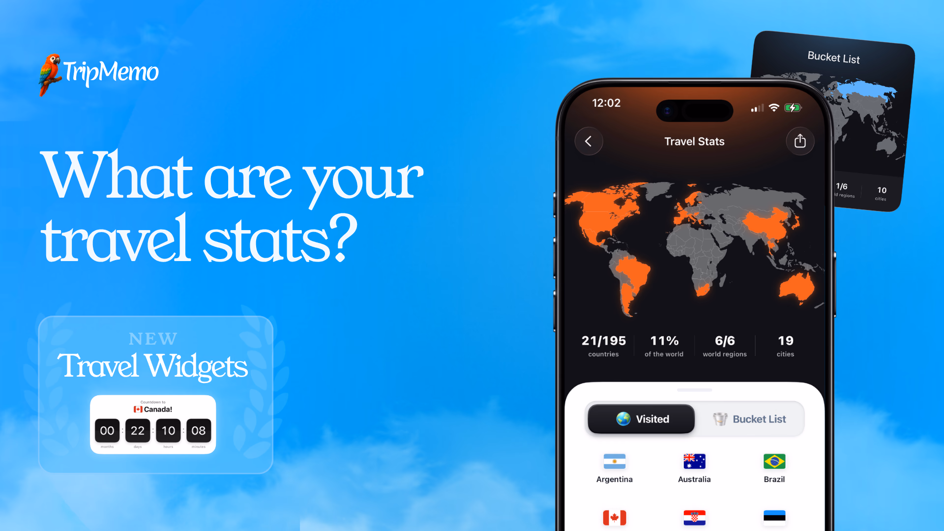 TripMemo Travel Stats on iPhone showing visited countries, world regions and cities, with a bucket list map and travel countdown widget
