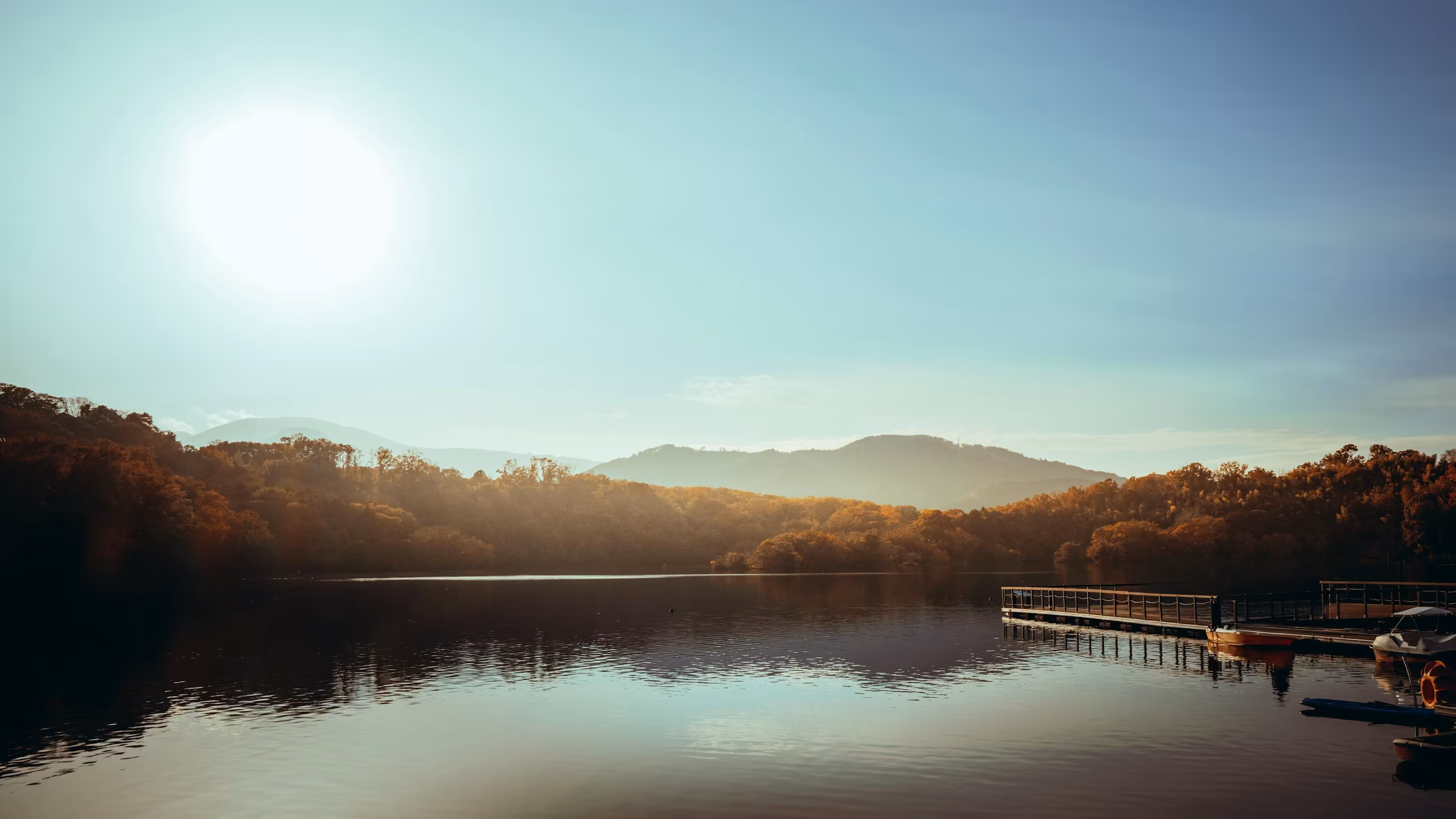 A calm lake reflecting trees in warm sunlight