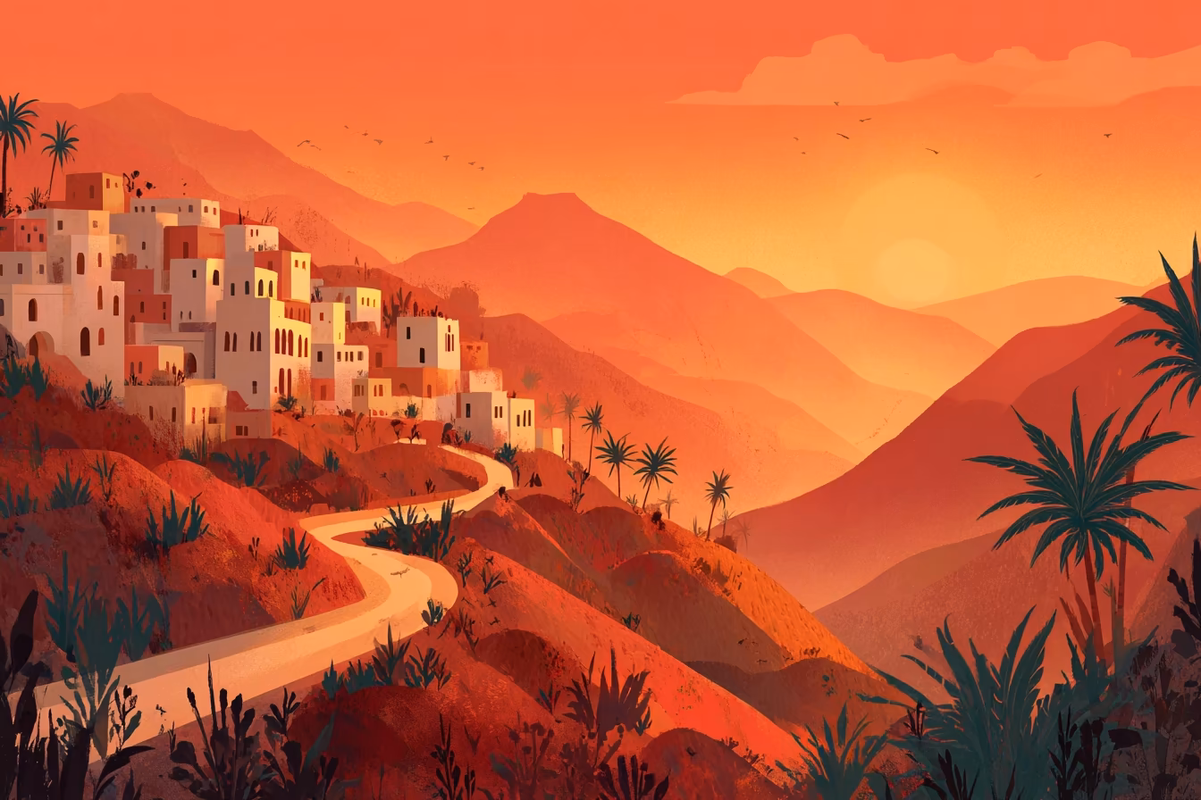 An illustrated hillside village in Morocco