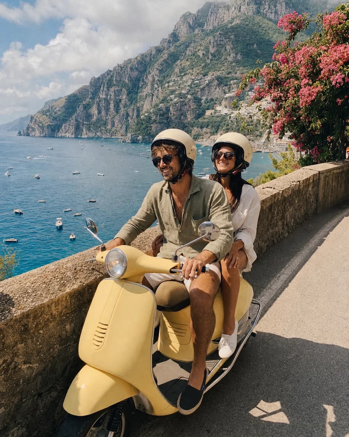 Couple riding a yellow scooter beside the Amalfi Coast
