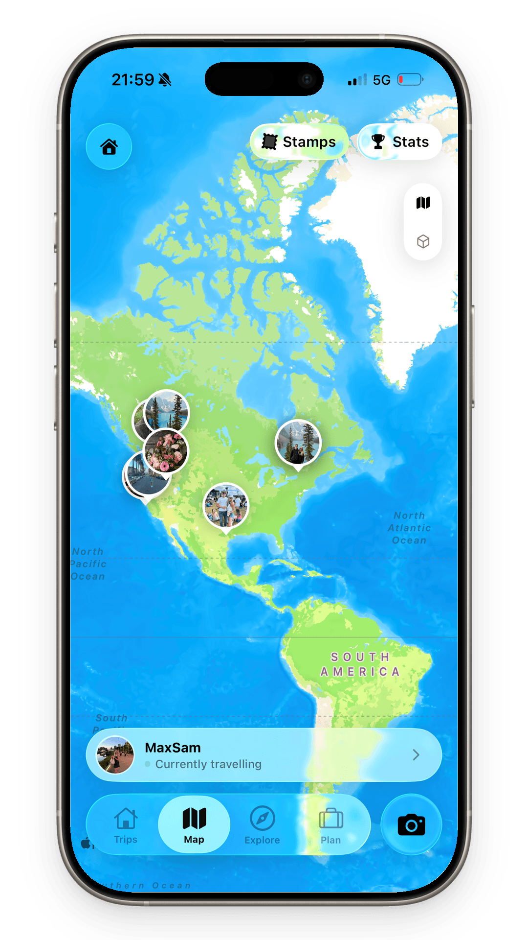 TripMemo couple map app showing a shared travel route with photos pinned to places