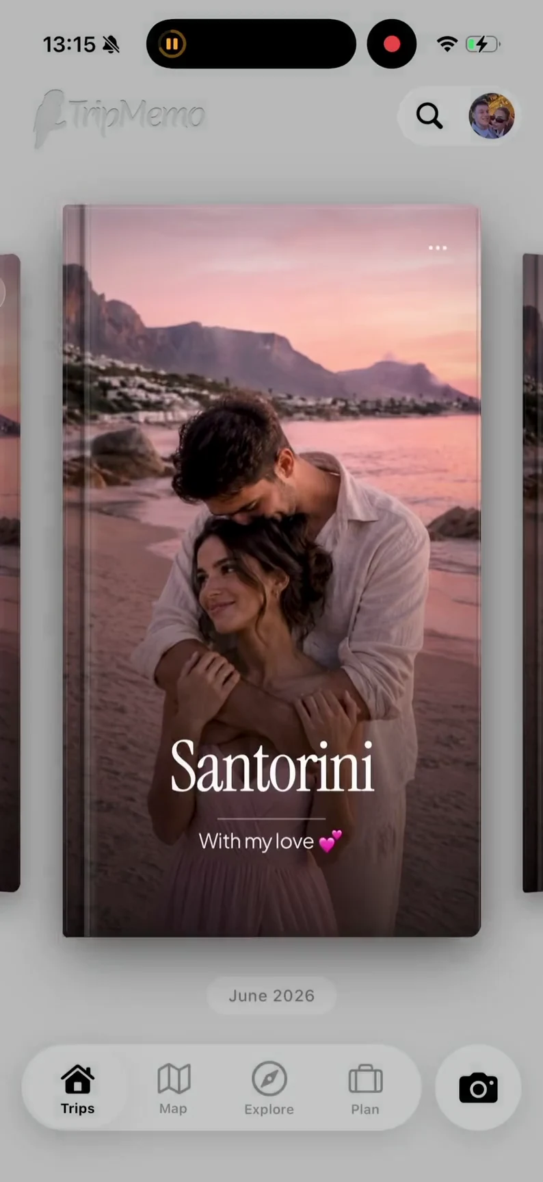 TripMemo couples TripBook showing a Santorini memory