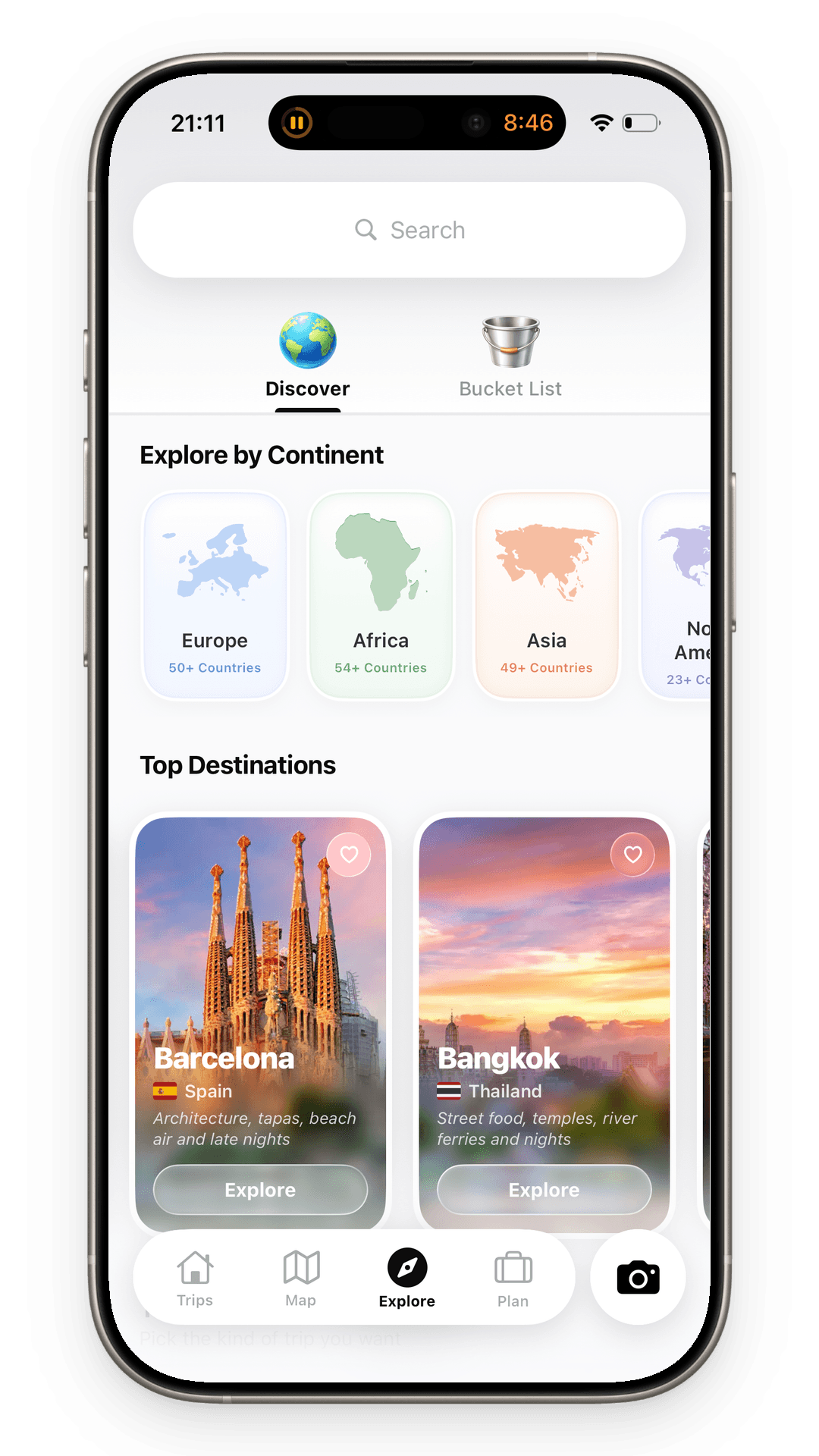 TripMemo Explore showing continents and destinations including Barcelona and Bangkok