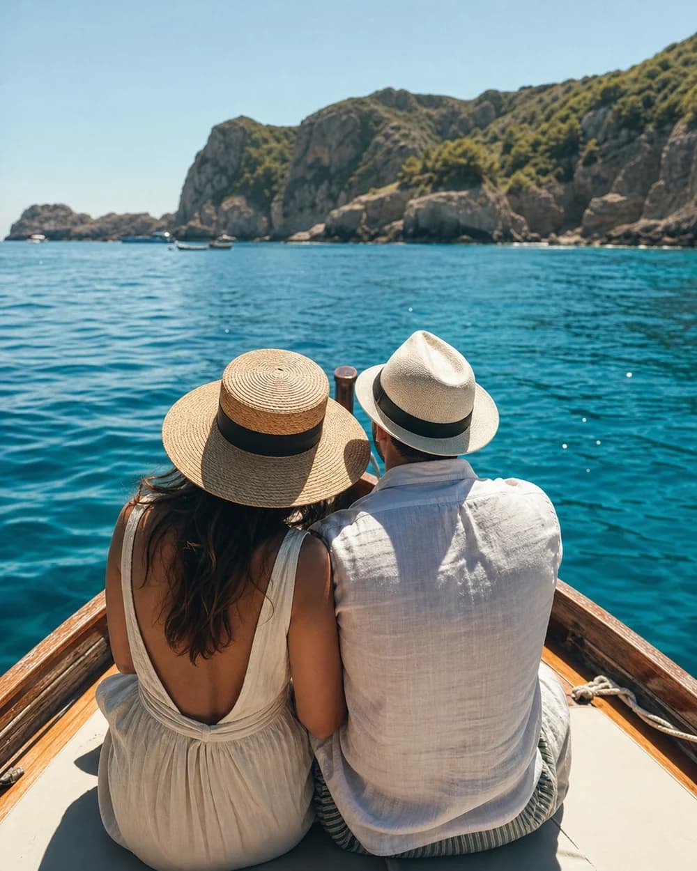 Couple looking over the Mediterranean from a wooden boat
