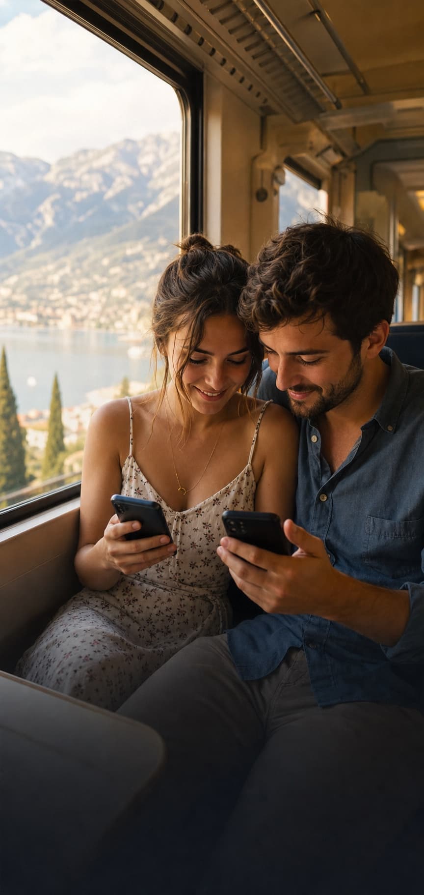 Couple comparing the travel photos saved separately on their phones during a scenic train journey