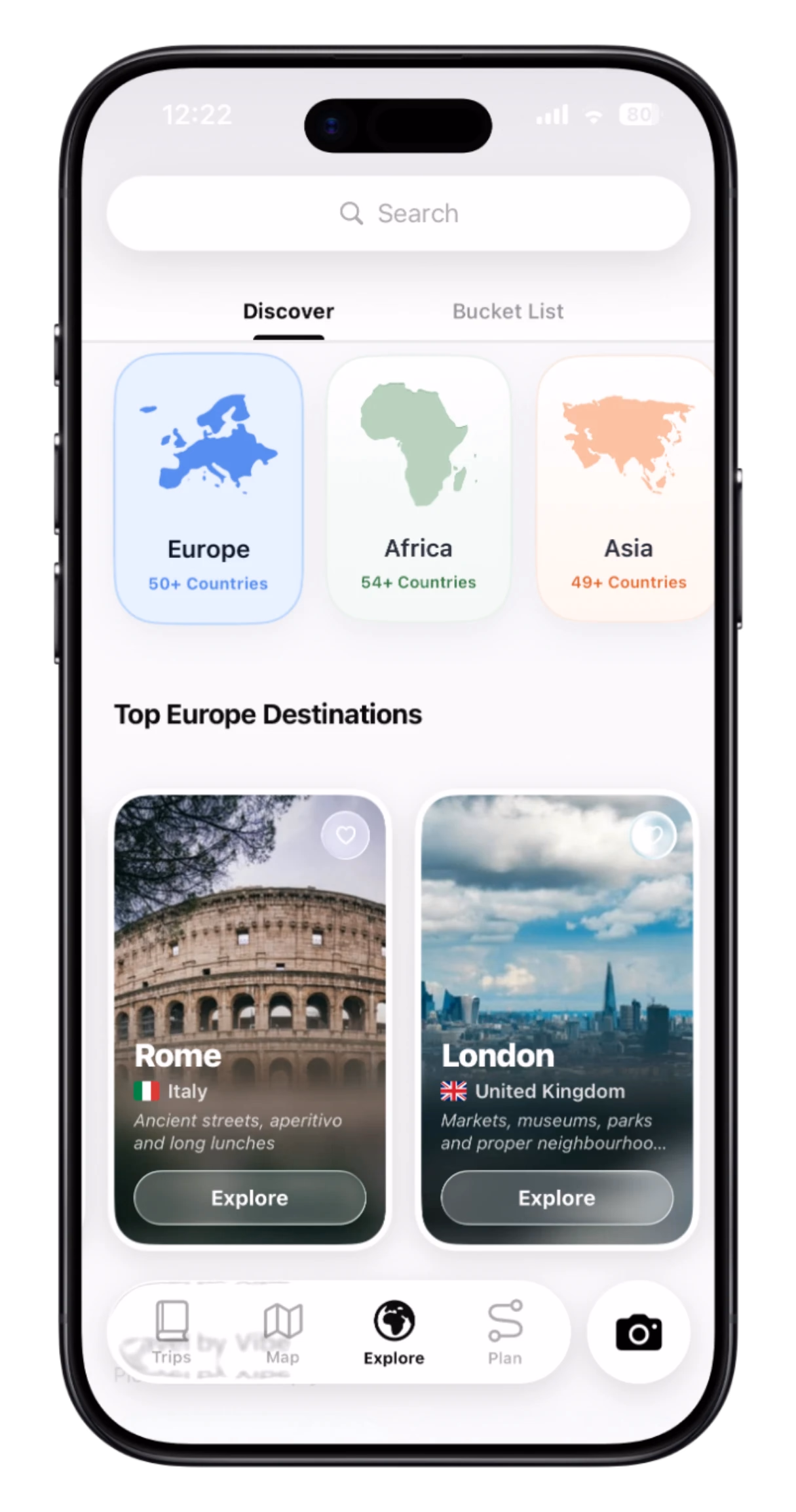 TripMemo Discover screen with continents and destinations on iPhone