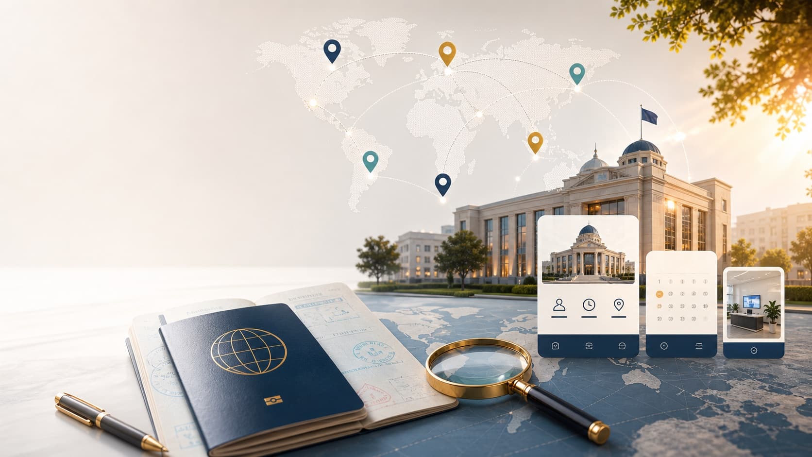 Embassy Finder official consulate locator travel tool with passport, world map, embassy building, and appointment cards