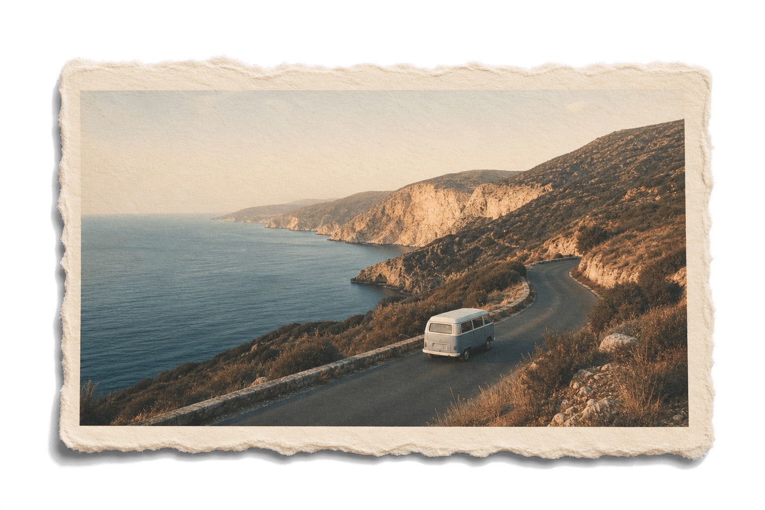 A camper van travelling along a coastal road, printed on naturally torn paper