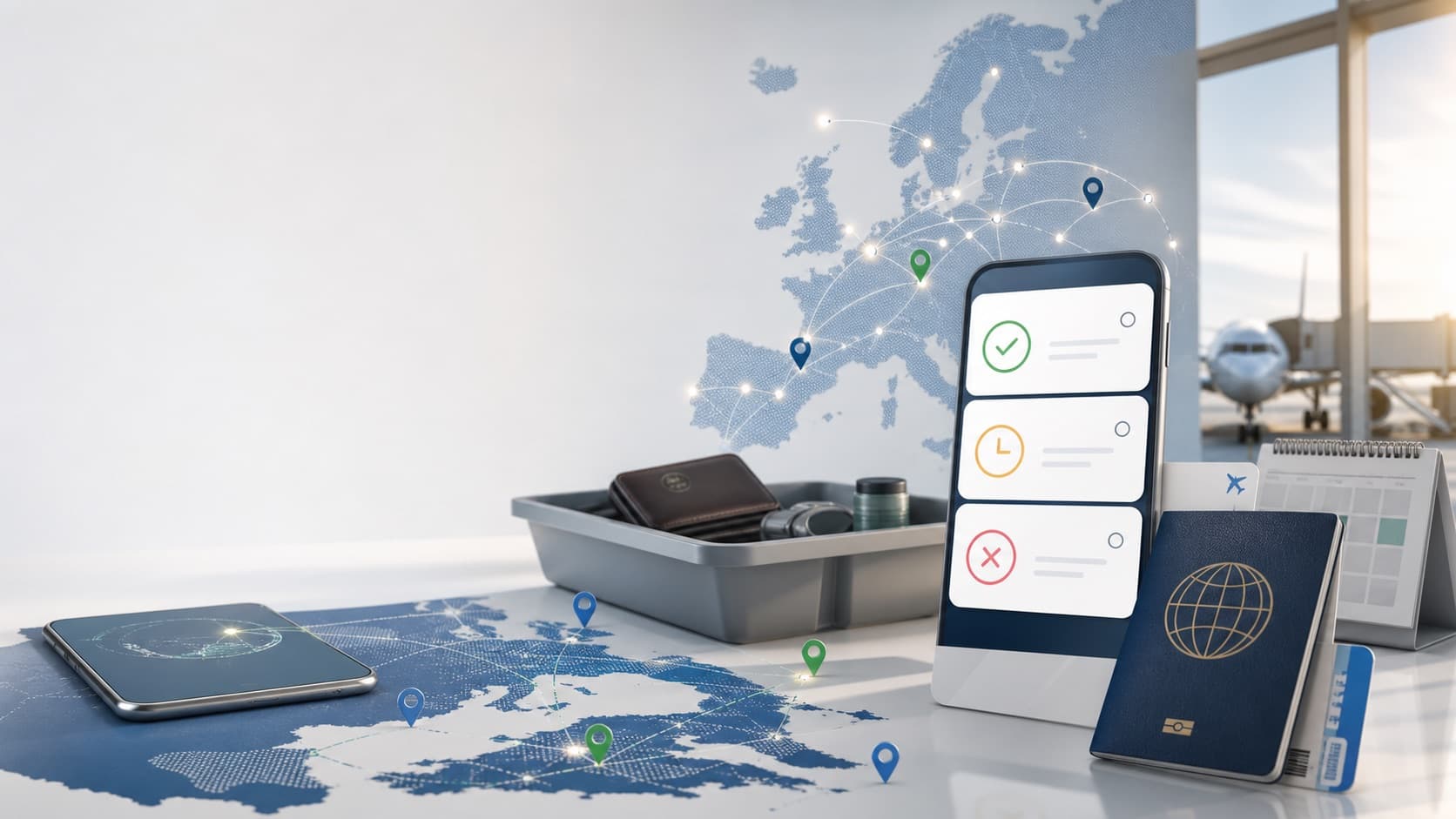 ETIAS Checker Europe travel authorization tool with passport, airport security tray, Europe map, and eligibility cards