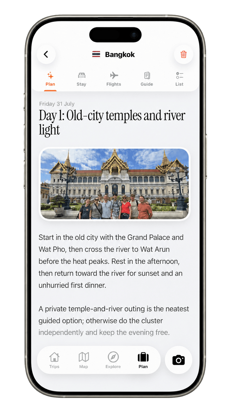 A completed Bangkok family vacation itinerary displayed in a TripMemo iPhone mockup