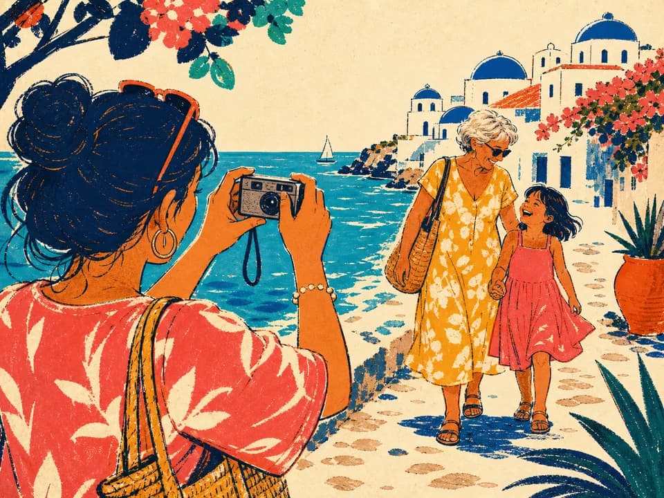 Travel photography scene with a camera and destination details