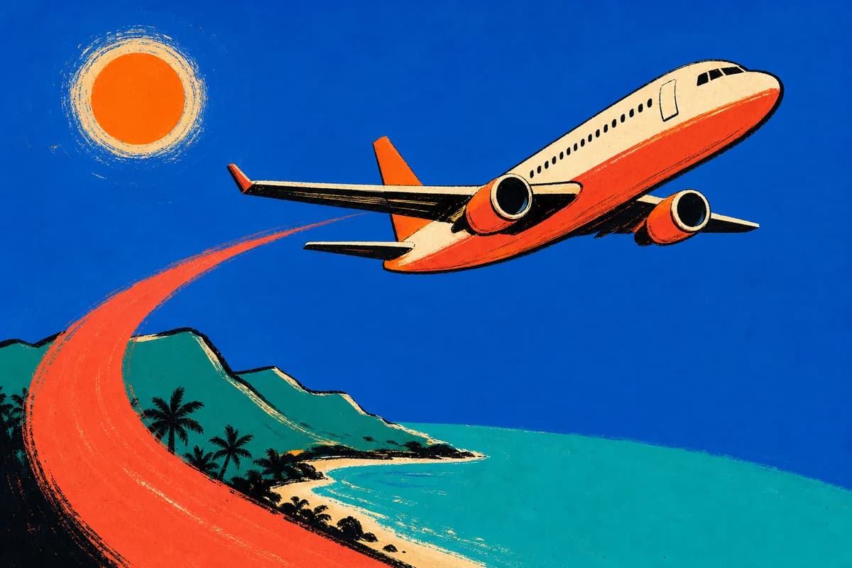 Passenger plane following a curved multi-stop flight route above an island