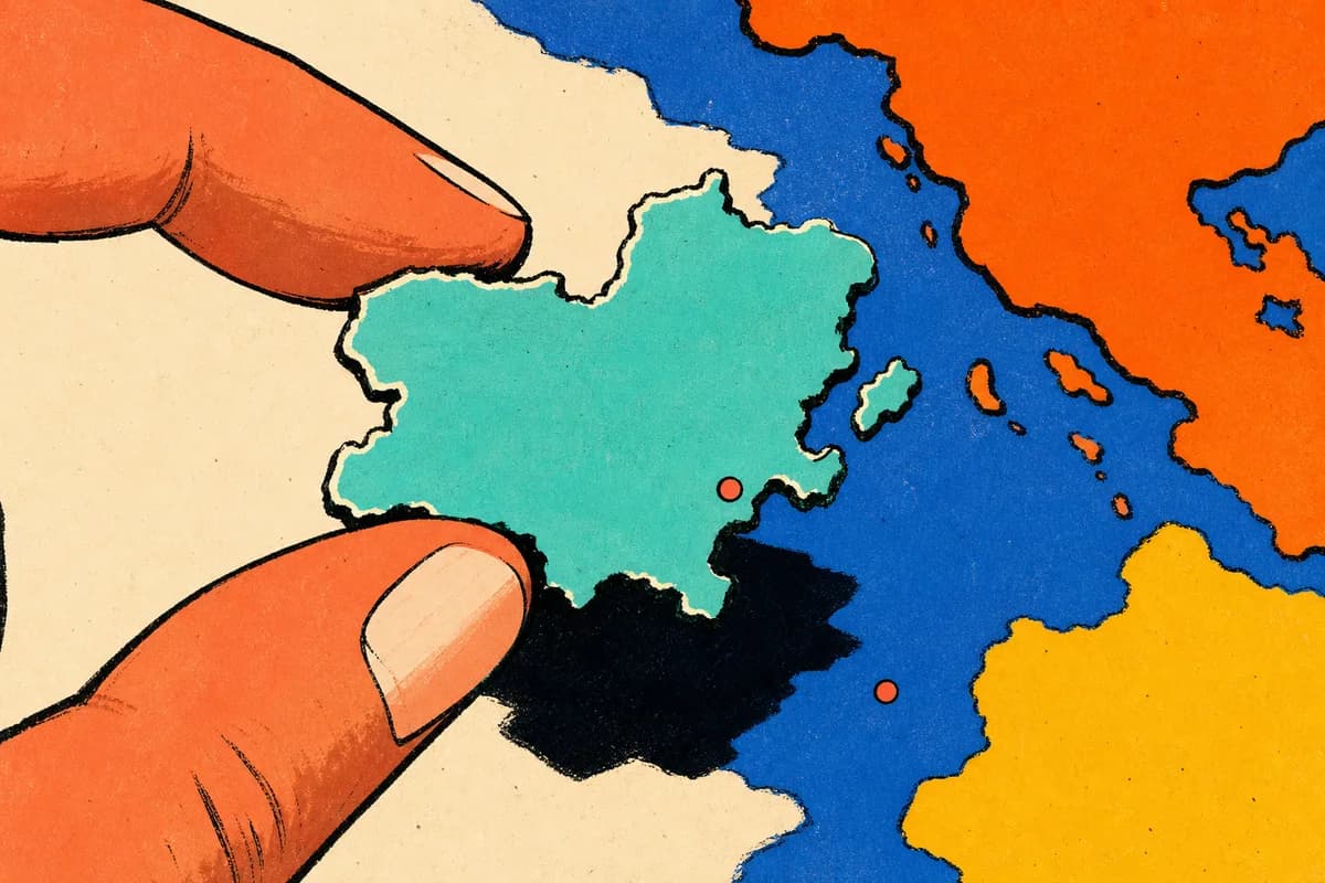 Fingers lifting a country-shaped piece from an illustrated map
